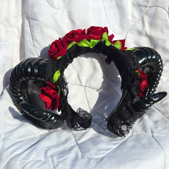 Sold - Sheep Horn Floral Hair Band Halloween Gothic Costume Headband Cosplay - Picture 5 of 14